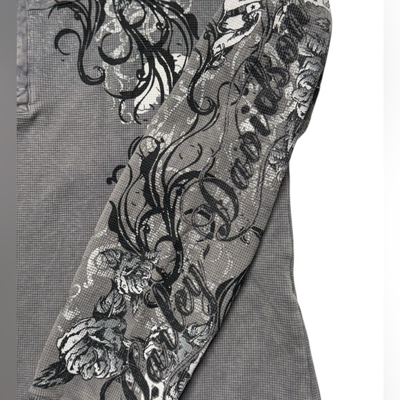 Vintage Y2K Harley Davidson Sz XL Tribal Rose Thermal Waffle Knit Hoodie Bling - Picture 7 of 16